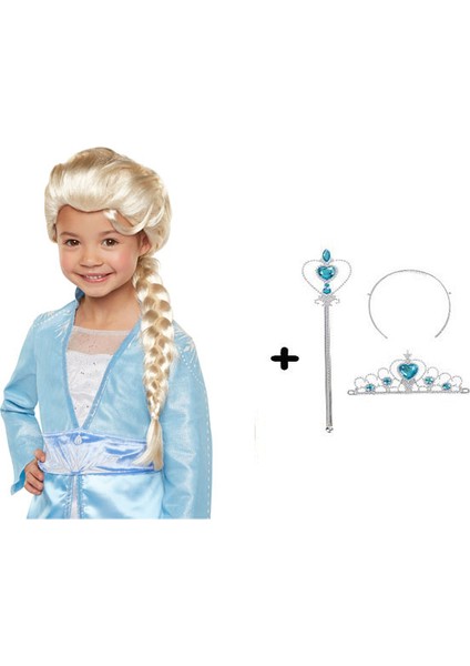 Örgülü Karlar Ülkesi Frozen Elsa Peruğu Tacı ve Sopası Çocuk Boy (5358)