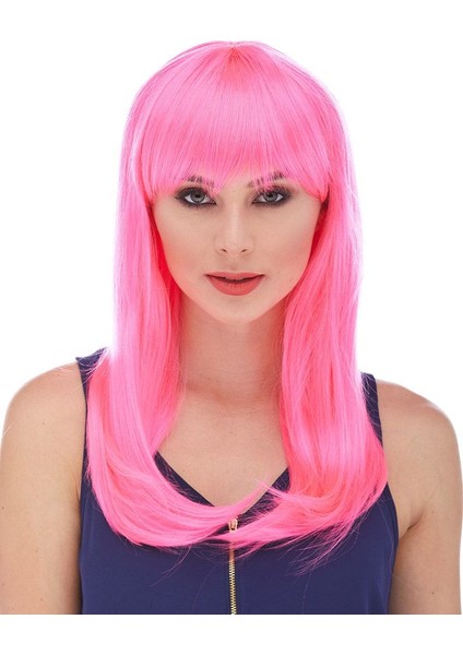 Şeker Pembesi Koyu Pembe Renk Uzun Düz Parti Peruğu (5358)
