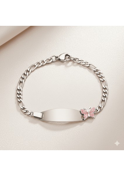 Çocuk Çelik Bileklik - Isme Özel Yazılı - Gümüş Renk - Pembe Kelebek Figürlü - Figaro Zincirli fırsatları