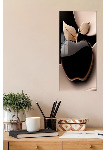 3D Görünümlü Temperli Cam Tablo – Siyah & Gold Elma Temalı Uv Baskı 30X60 cm - DCT145
