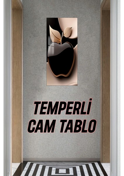 3D Görünümlü Temperli Cam Tablo – Siyah & Gold Elma Temalı Uv Baskı 30X60 cm - DCT145