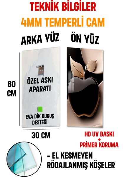 3D Görünümlü Temperli Cam Tablo – Siyah & Gold Elma Temalı Uv Baskı 30X60 cm - DCT145