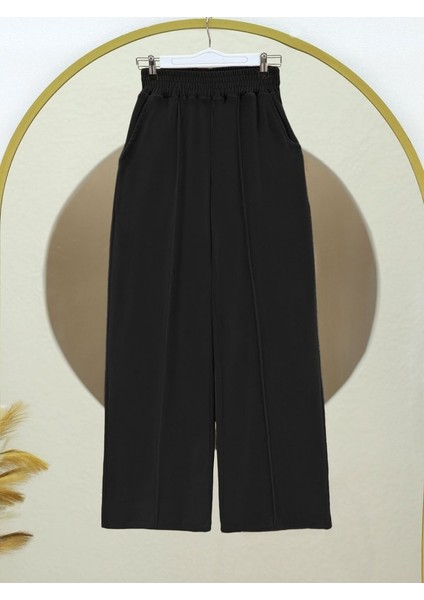 Çımalı Beli Lastikli Kadife Pantolon -Siyah