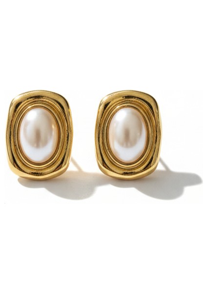 Çelik Kare Inci Küpe | Altın Rengi Şık Kararmaz Kadın Takı