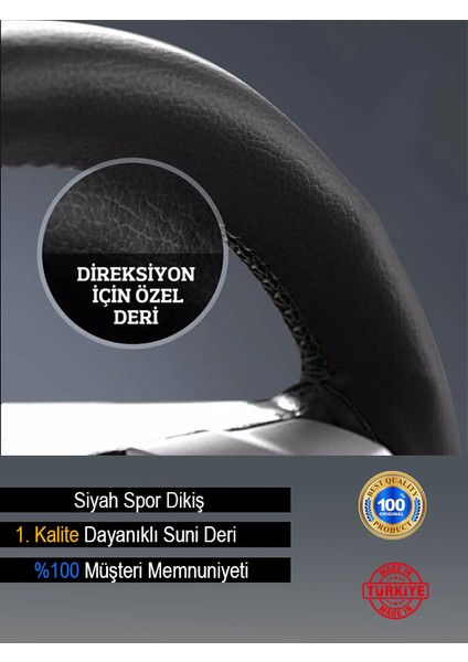 Citroen C3 Özel Süper Deri Direksiyon Kılıfı, Dikmeli Siyah Spor Dikiş