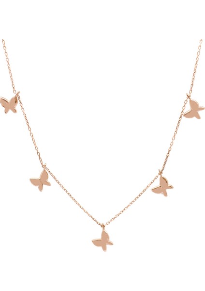 Kelebek Detaylı Rose Renk 925 Ayar Gümüş Kadın Şans Kolyesi