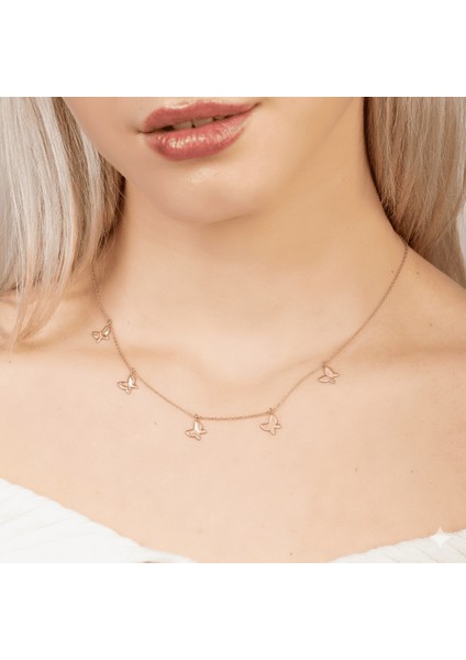 Kelebek Detaylı Rose Renk 925 Ayar Gümüş Kadın Şans Kolyesi fırsatları