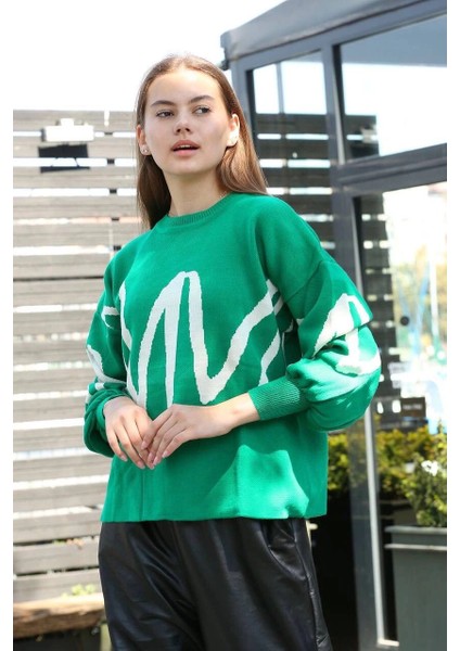 Nrtmsa Beyaz Çizgili Bisiklet Yaka Kazak Yeşil (Beden: Standart) fiyatları