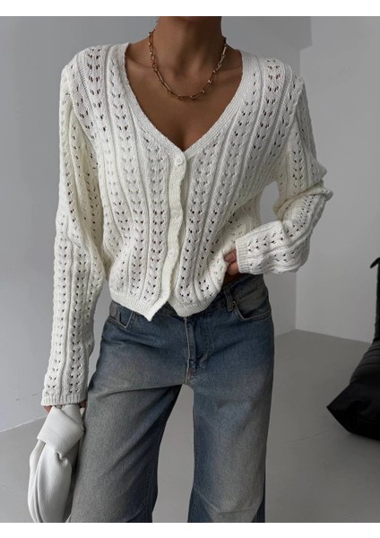 Nrtmsa Küçük Düğmeli Küçük Örgülü Triko Hırka Beyaz (Beden: Standart)