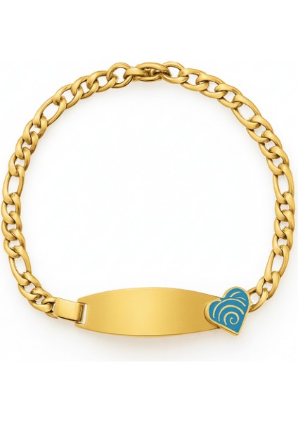 Çocuk Çelik Bileklik - Isme Özel Yazılı - Altın Renk - Turkuaz Kalp Detaylı - Figaro Zincirli