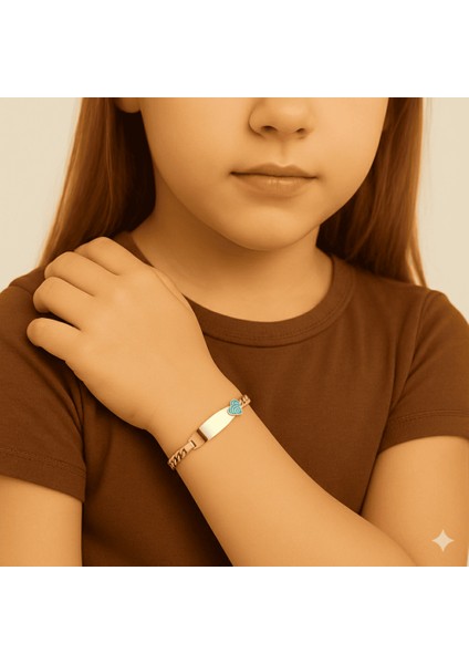 Çocuk Çelik Bileklik - Isme Özel Yazılı - Altın Renk - Turkuaz Kalp Detaylı - Figaro Zincirli modelleri