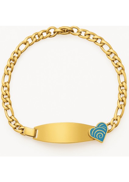 Çocuk Çelik Bileklik - Isme Özel Yazılı - Altın Renk - Turkuaz Kalp Detaylı - Figaro Zincirli indirimleri