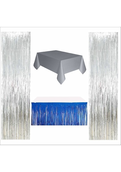 Gümüş Masa Örtüsü, Lacivert Masa Eteği, 2 Adet Gümüş Arka Fon