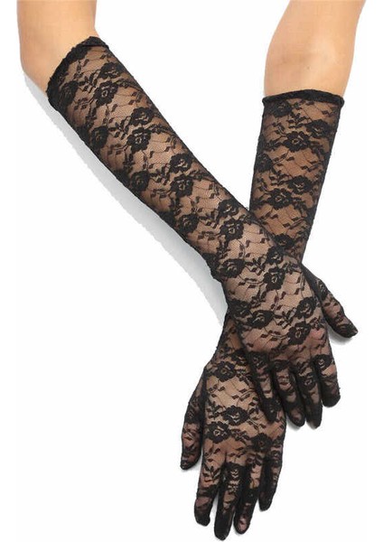 Siyah Renk Orta Boy Dantelli Eldiven Uzun Model (5358)