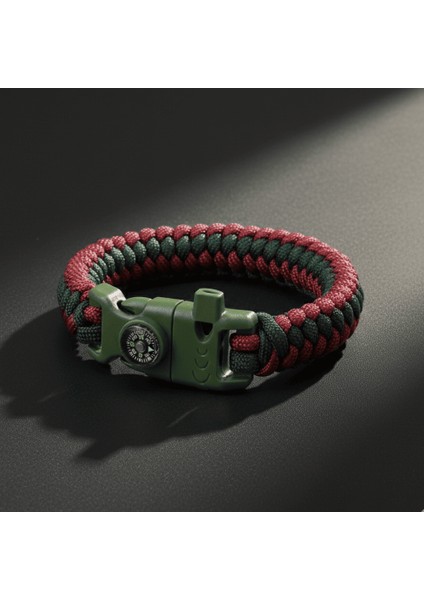 Pusulalı Çakmaklı Taktik Paracord Bileklik - Bordo Yeşil Kamuflaj Desen - Kamp ve Doğa Sporları Için indirimleri