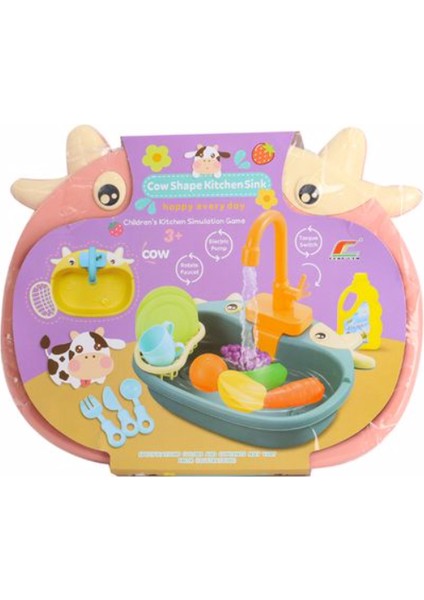 Inek Temalı Aksesuarlı Pembe Sulu Mutfak Lavabosu