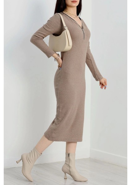 Nrtmsa Fermuar Detaylı Fitilli Şardonlu Elbise Bej A3178 (Beden: Standart) indirimleri