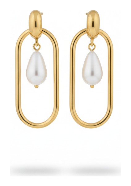 Çelik Damla Inci Sallantılı Küpe | Oval Halka Şık Kararmaz Takı