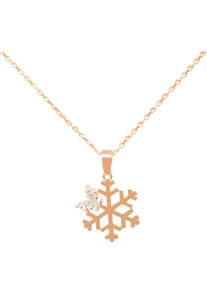 Zirkon Taşlı Kelebek Detaylı Kar Tanesi Model Rose Renk 925 Ayar Gümüş Kadın Kolye