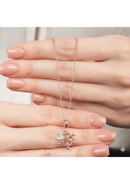 Zirkon Taşlı Kelebek Detaylı Kar Tanesi Model Rose Renk 925 Ayar Gümüş Kadın Kolye indirimleri