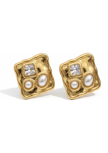 Çelik Kare Inci Zirkon Küpe | Altın Rengi Şık Kararmaz Takı