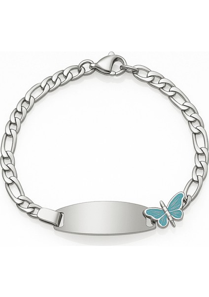 Çocuk Çelik Bileklik - Isme Özel Yazılı - Gümüş Renk - Turkuaz Kelebek Figürlü - Figaro Zincirli