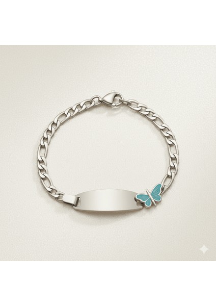 Çocuk Çelik Bileklik - Isme Özel Yazılı - Gümüş Renk - Turkuaz Kelebek Figürlü - Figaro Zincirli fırsatları