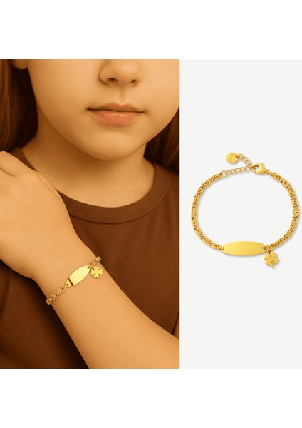 Çocuk Çelik Bileklik - Isme Özel Yazılı - Altın Renk - Yonca Yaprağı Detaylı - Espanzer Zincirli fiyatları