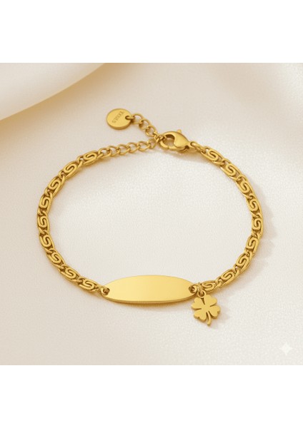 Çocuk Çelik Bileklik - Isme Özel Yazılı - Altın Renk - Yonca Yaprağı Detaylı - Espanzer Zincirli fırsatları