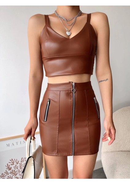 Nrtmsa Üç Fermuarlı Deri Etek Kahve S24510 (Beden: L) fiyatları