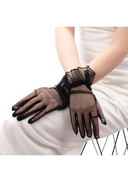 Kısa Boy Likralı Güpürlü Yetişkin Tül Eldiven Siyah Renk (5358)