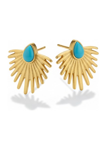 Çelik Firuze Taşlı Güneş Küpe | Altın Rengi Kararmaz Kadın Takı