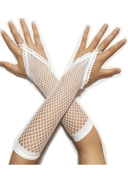Beyaz Renk Parmak Arası File Örgü Eldiven 26 cm