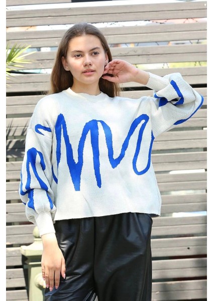 Nrtmsa Mavi Çizgili Bisiklet Yaka Kazak Beyaz (Beden: Standart) fiyatları