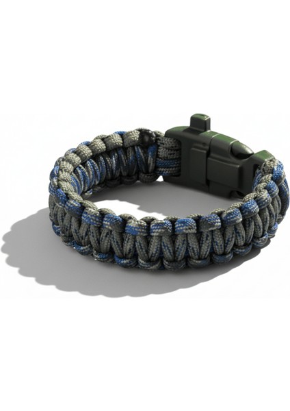 Pusulalı Çakmaklı Taktik Paracord Bileklik - Orman Mavi Kamuflaj Desen - Kamp ve Doğa Sporları Için