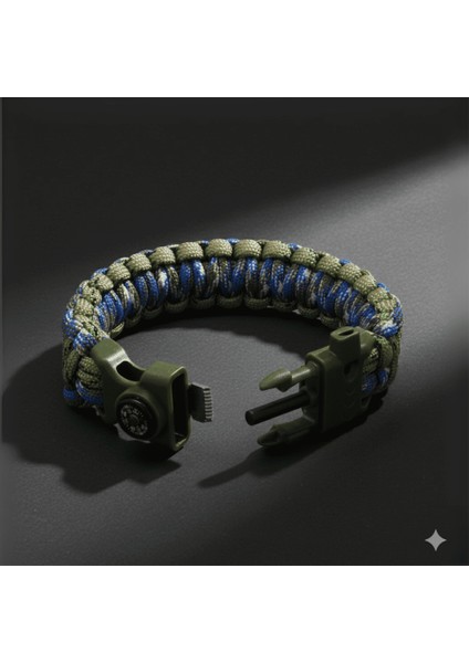 Pusulalı Çakmaklı Taktik Paracord Bileklik - Orman Mavi Kamuflaj Desen - Kamp ve Doğa Sporları Için indirimleri