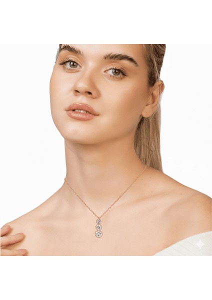 Elmas Görünümlü 3 Lü Damla Tasarım Rose Renk 925 Ayar Gümüş Bayan Kolye modelleri