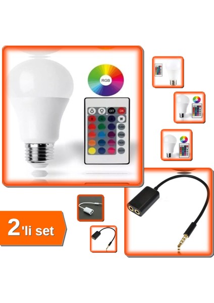 9W E27 Rgb ve Beyaz Işık Kumandalı Ampul + Kulaklık Çoklayıcı - 2li Set M4M3T4