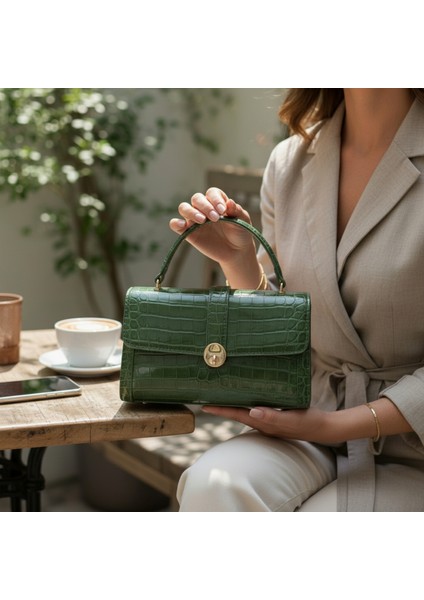 Kroko Desenli Haki Yeşil El Çantası