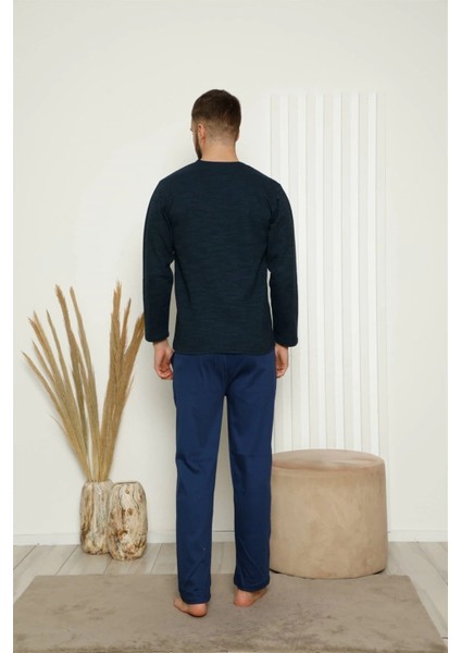 Giyim Erkek %100 Pamuk Önden Düğmeli Cepli Uzun Kollu Pijama Takımı Lacivert modelleri