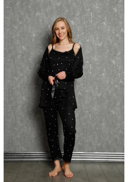 Giyim Kadın 3'lü Sabahlık Pijama Takım Siyah