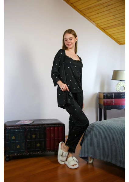 Giyim Kadın 3'lü Sabahlık Pijama Takım Siyah indirimleri