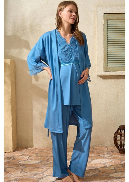 Arias Closet Sıfır Kol V Yaka Kadın Viskon Düz Yazlık Uzun Dantel Detaylı Hamile Pijama Takımı Sabahlık