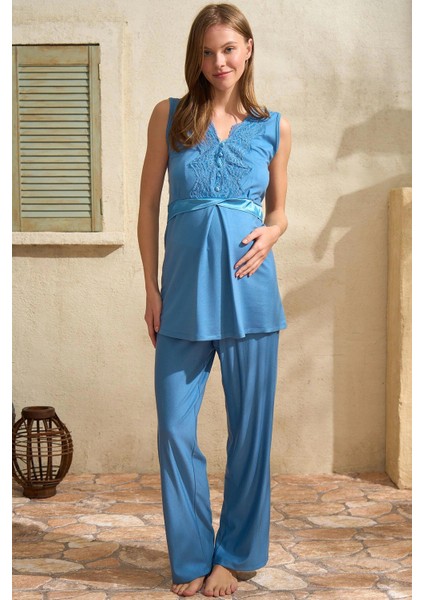 Arias Closet Sıfır Kol V Yaka Kadın Viskon Düz Yazlık Uzun Dantel Detaylı Hamile Pijama Takımı Sabahlık fiyatları