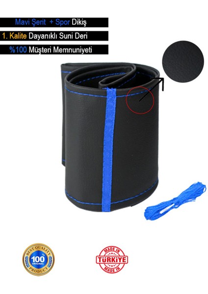 Kia Venga Özel Süper Deri Direksiyon Kılıfı, Mavi Şeritli Spor Dikiş