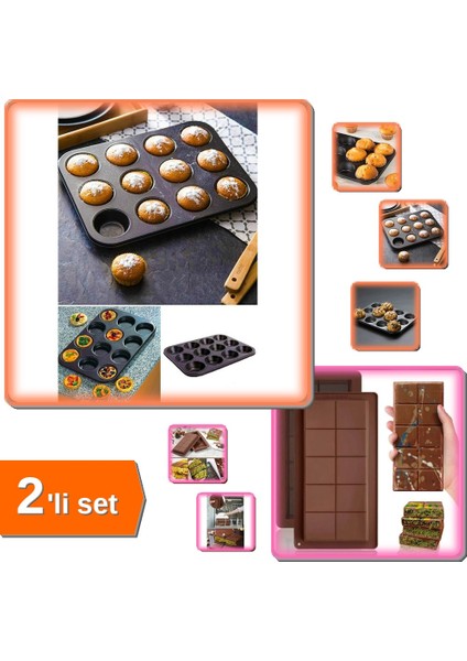 Metal Yapışmaz 12LI Muffin Kek Kalıbı + Dubai Çikolata Silikon Tablet Kalıbı - 2li Set T2RMKJ