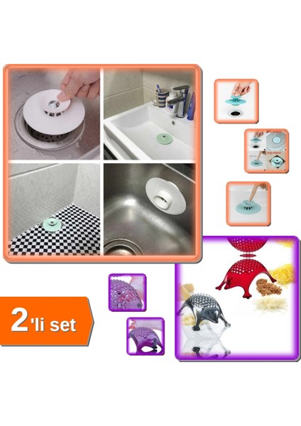 Vakumlu Lavabo Süzgeci - Tahliye ve Durdurma Süzgeci + Kirpi Tasarımlı Rende - 2li Set D5E2R6