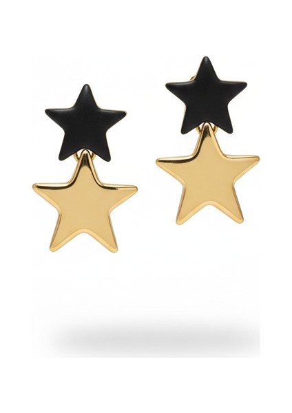 Çelik Çift Yıldız Küpe | Siyah Altın Rengi Sallantılı Kararmaz Takı