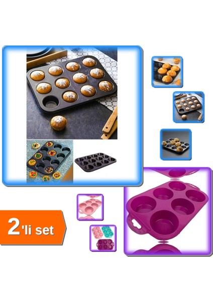 12 Bölmeli Metal Yapışmaz Kek Kalıbı + 6 Bölmeli Silikon Muffin Kek Kalıbı - 2li Set C8Y6D5