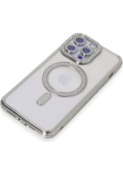 Iphone 15 Pro Kılıf Joke Simli Magneticsafe Kılıf - Gümüş modelleri
